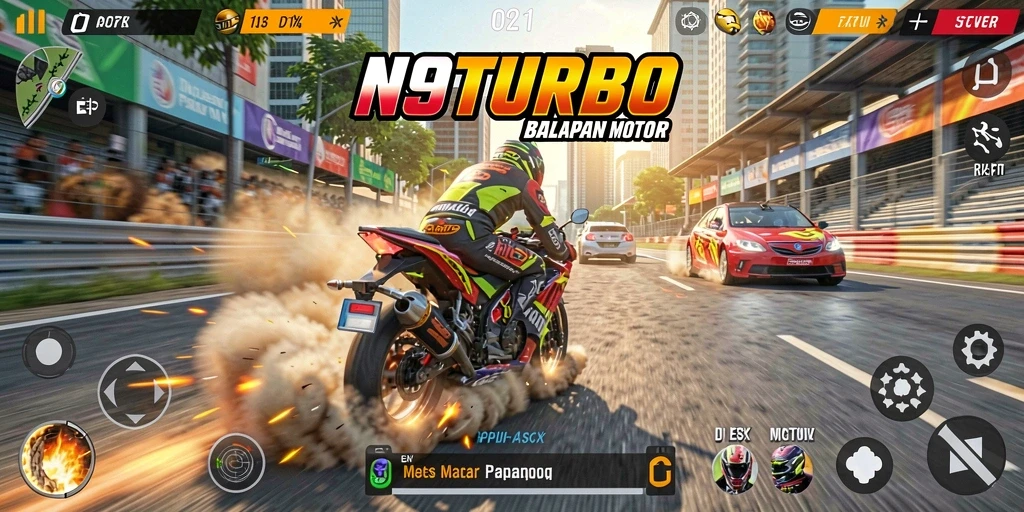 Tampilan gameplay mendebarkan dari N9TURBO dengan balapan motor cepat.