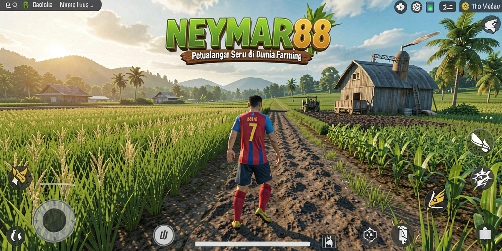 Tampilan permainan <strong>NEYMAR88</strong> dengan ladang yang subur dan aktifitas pertanian.
