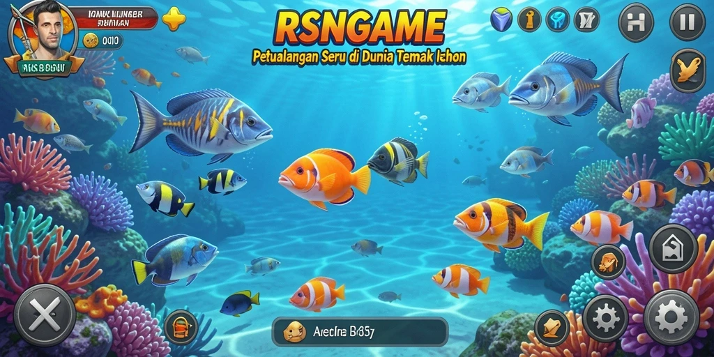 Screenshot RSNGAME menampilkan gameplay seru Tembak Ikan dengan berbagai ikan berwarna warni.